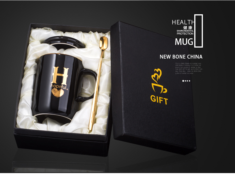 Custom Mugs And Personalized Mugs 400ml Creative Gold Finger Printing Black Ceramic Coffee Mug Tea Cup With Gold Handle Gift Box With Lid And Spoon Order Online